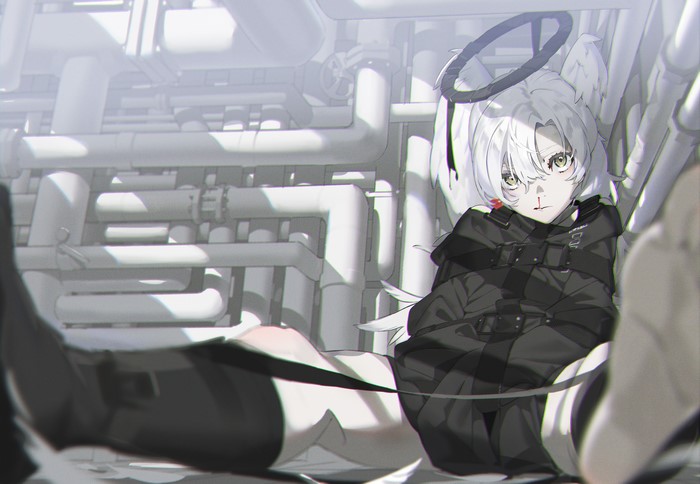 Anime girl with halo and wings in black outfit