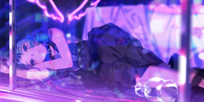 Anime girl with blue hair and purple eyes lying down