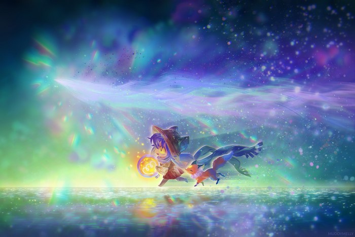 Niko and Fox from OneShot in a colorful, starry landscape
