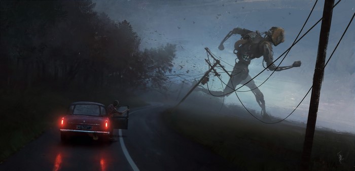 Giant robot running on a foggy road next to a car