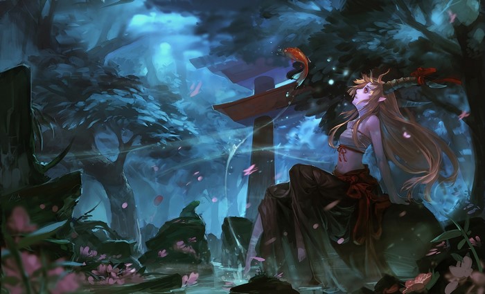 Ibuki Suika from Touhou in a Japanese Garden at Night