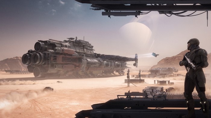 Star Citizen spaceship on a desert planet with a soldier