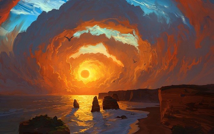 RHADS artwork of a dramatic sunset over the sea with rock formations