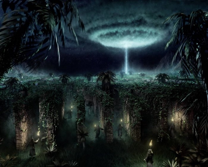 Ruined jungle temple with UFO beam