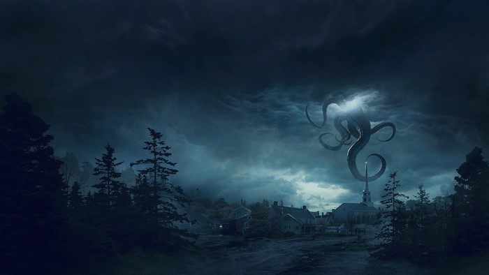 Cthulhu Storm Over Village at Night
