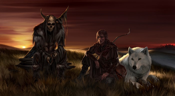 Fantasy art of a grim reaper, warrior, and wolf at sunset