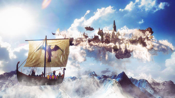 Viking ship sailing towards a floating city in the clouds