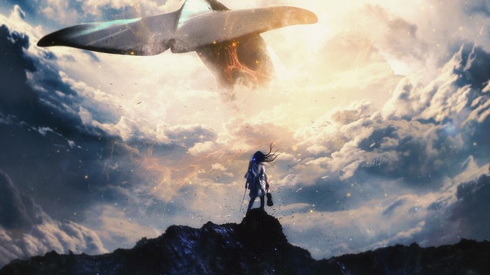Woman with violin looking at a giant whale in the sky