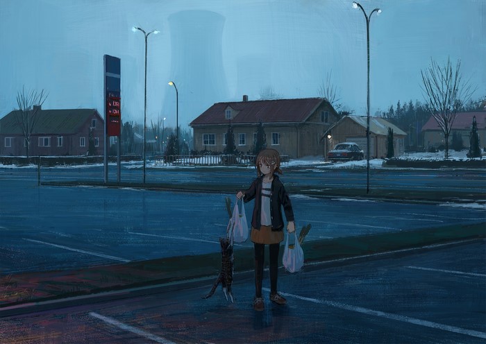 Anime girl with cat and groceries in a town