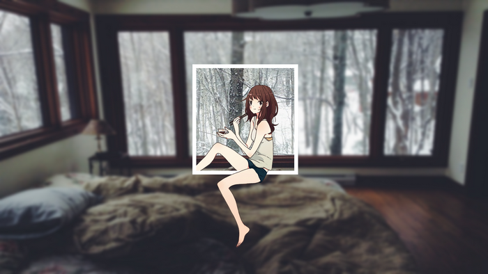 Anime girl eating in front of a snowy forest window