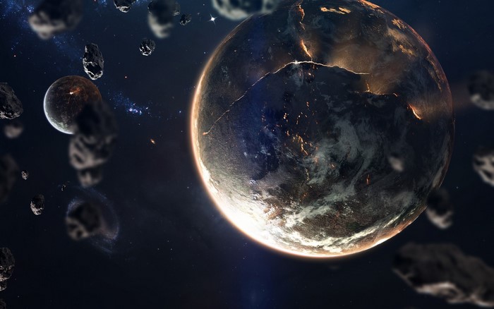 Planet in space with asteroids and a moon