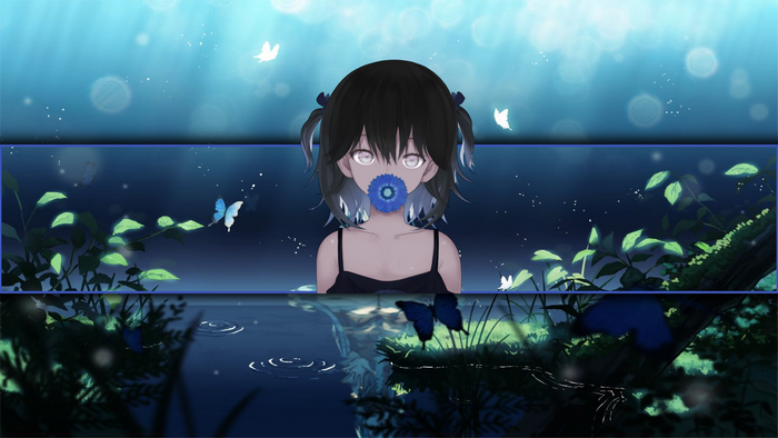 Anime girl with blue flower in mouth and butterflies