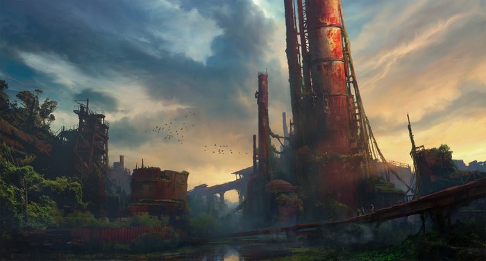 Apocalyptic industrial ruins at sunset with a lake