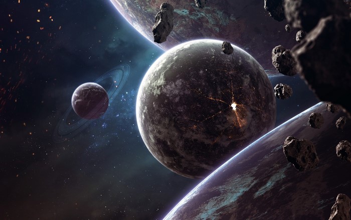 Planets and asteroids in space digital art by Vadim Sadovski
