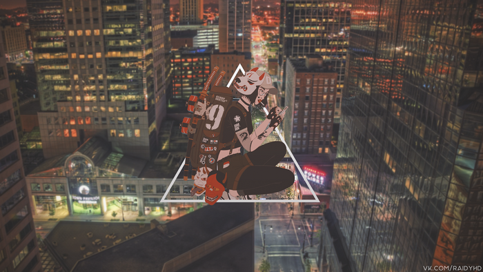 Anime girl with fox mask and backpack in city