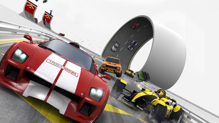 TrackMania video game racing cars on a track