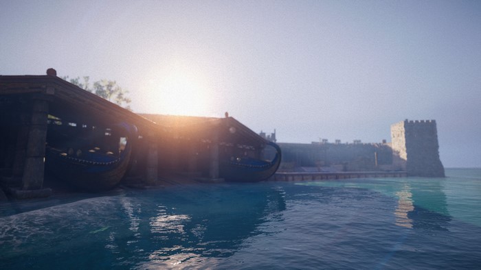 Ships in a harbor with a castle in Assassin's Creed: Odyssey