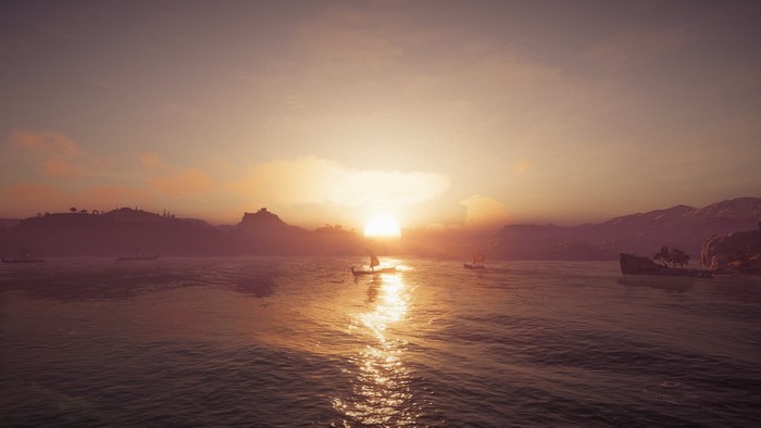 Assassin's Creed Odyssey screenshot of a sunset over the sea
