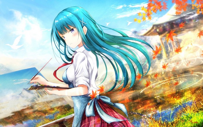 Anime girl painting outdoors with autumn leaves