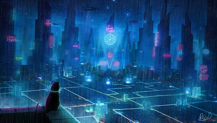 Futuristic Cityscape at Night with Cat