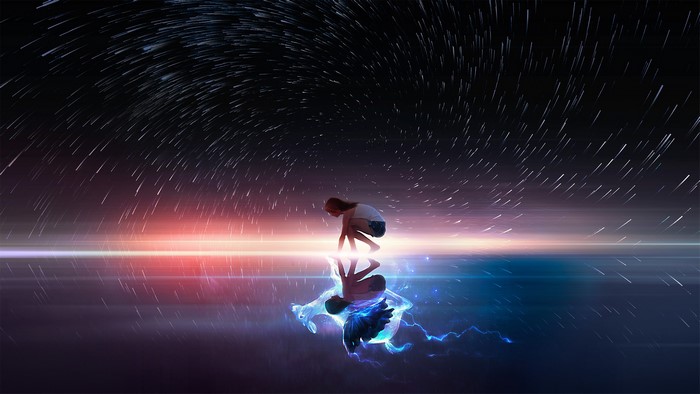 Girl and Angelic Deer Reflection Under Starry Sky