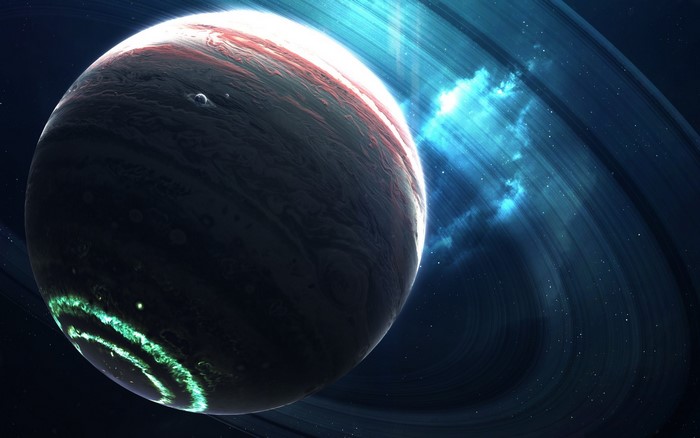 Planet with rings and aurora in space