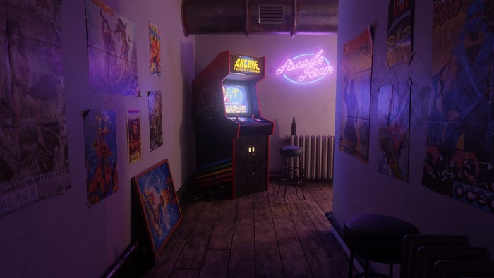 Arcade room with vintage arcade machine and posters