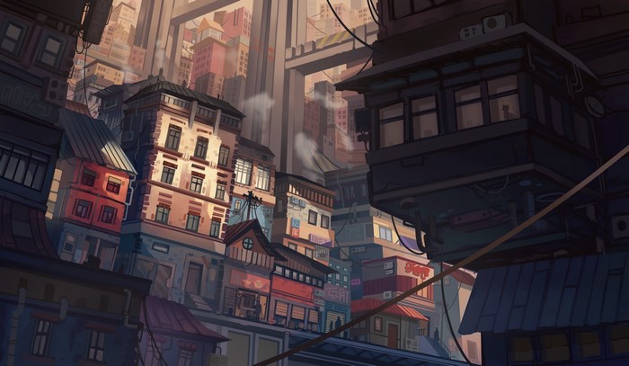 Anime cityscape with tall buildings and wires