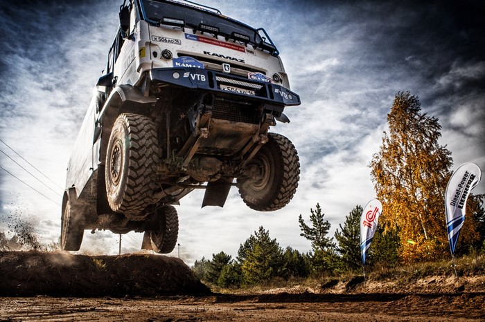 Kamaz truck jumping during a rally race