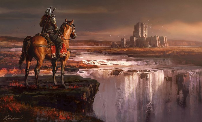 Geralt of Rivia on horseback overlooking a castle and waterfall