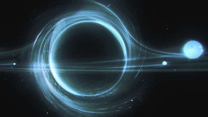 Space art of a black hole with accretion disk and stars
