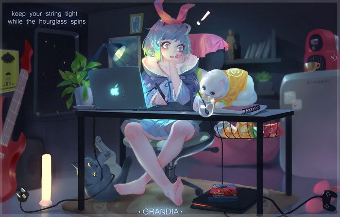 Anime girl with cats and computer