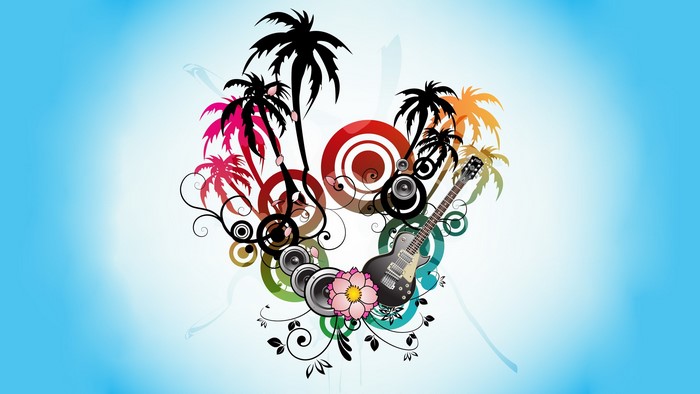 Abstract collage with palm trees and guitar