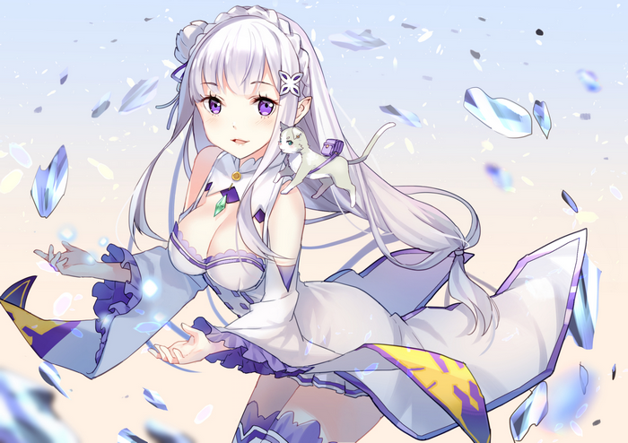 Emilia from Re:Zero with a cat