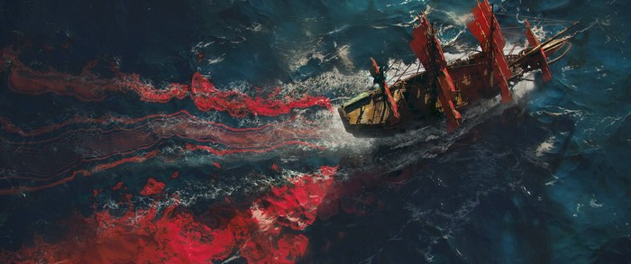 Pirate ship sailing through bloody ocean waves
