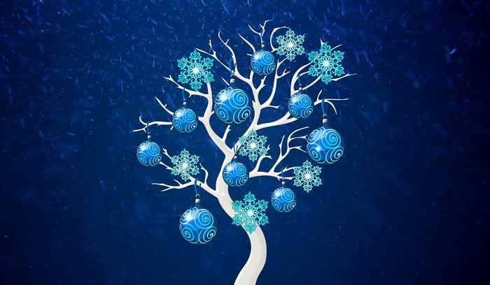 Christmas tree with blue ornaments and snowflakes