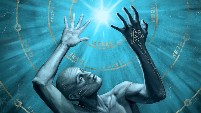 Man casting a spell with glowing light and runes