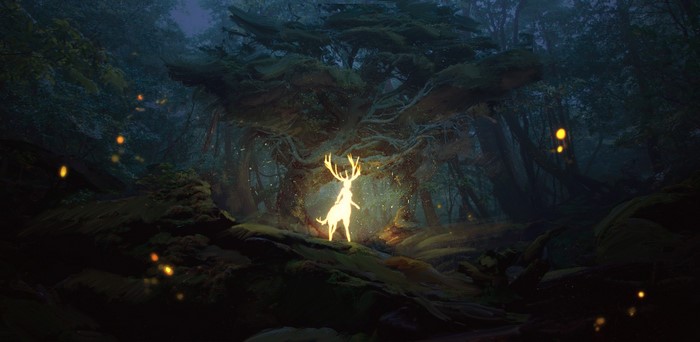 Glowing deer in a dark, mystical forest with fireflies