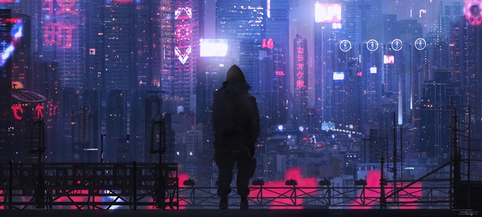 Hooded figure overlooking a futuristic Neo-Tokyo cityscape at night