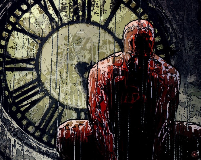 Daredevil in the rain in front of a clock