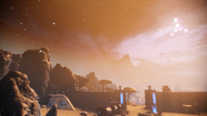Warframe landscape with rocky terrain and futuristic structures