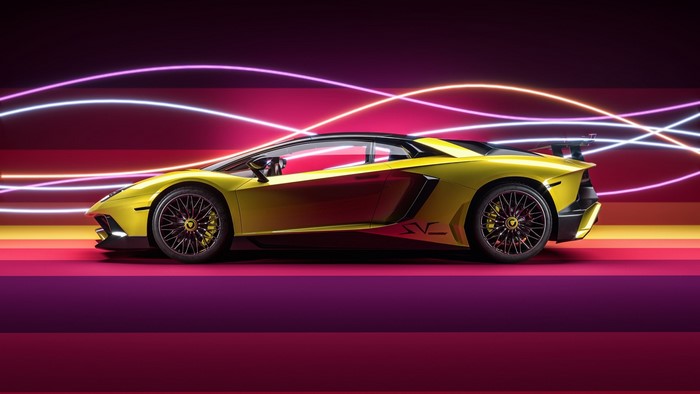 Yellow Lamborghini Aventador SV with Neon Light Streaks
