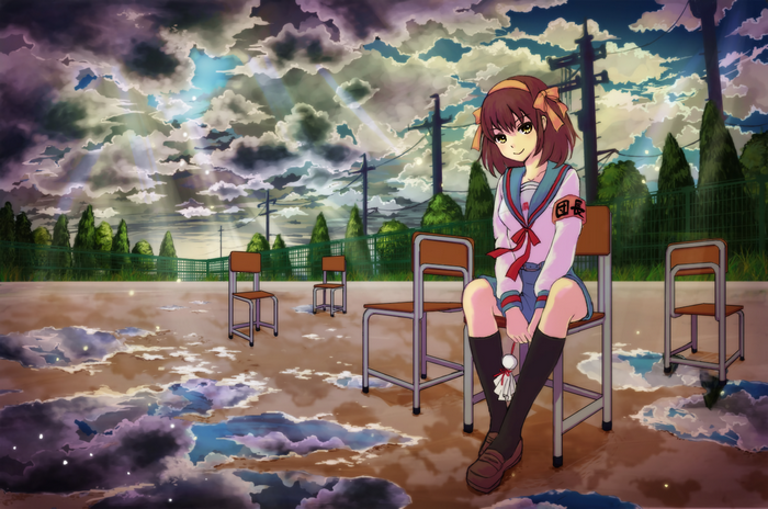 Haruhi Suzumiya from The Melancholy of Haruhi Suzumiya sitting on a chair