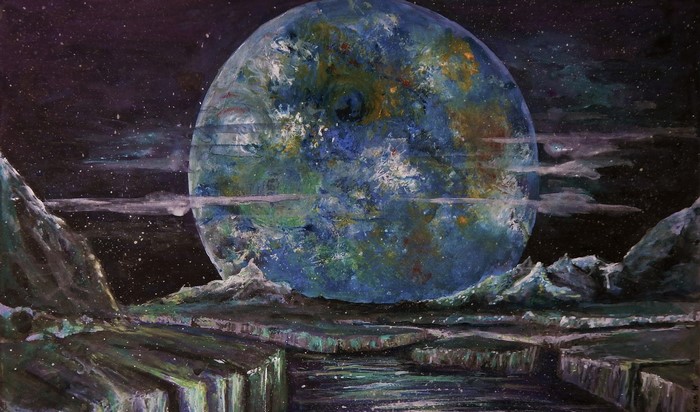Space art painting of a planet and alien landscape