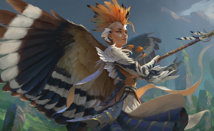 Fantasy girl with bird wings holding a staff