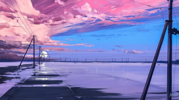 Anime landscape with power lines and sunset clouds