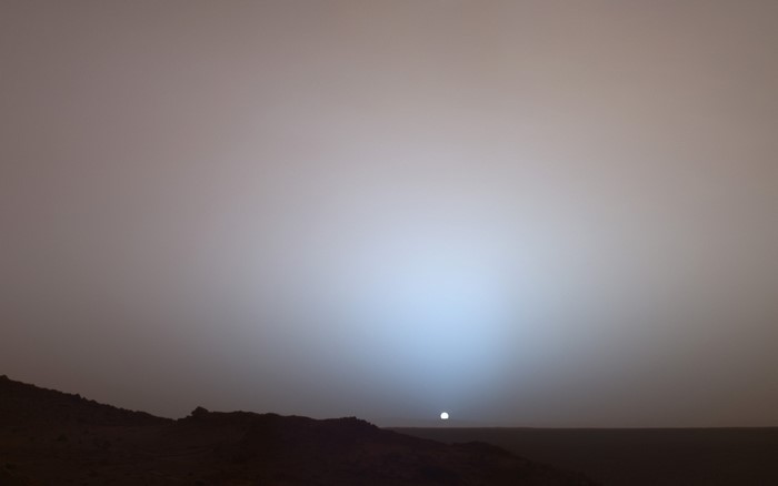 Mars sunset over rocky terrain