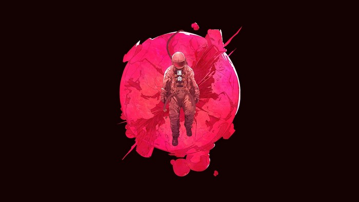 Astronaut floating in front of a pink planet