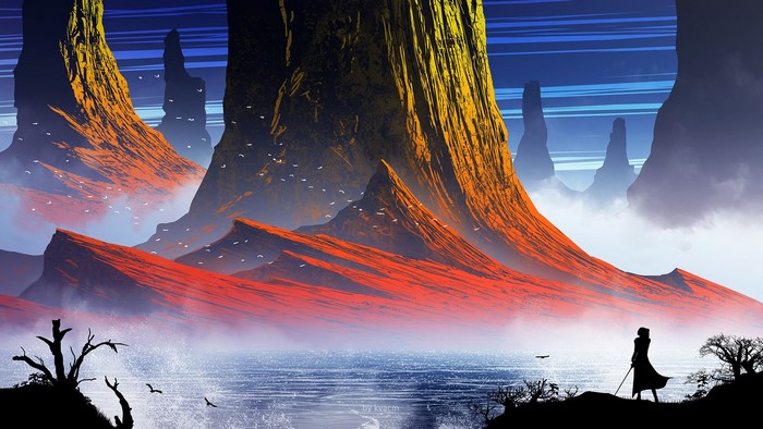 Digital art landscape with mountains and a woman