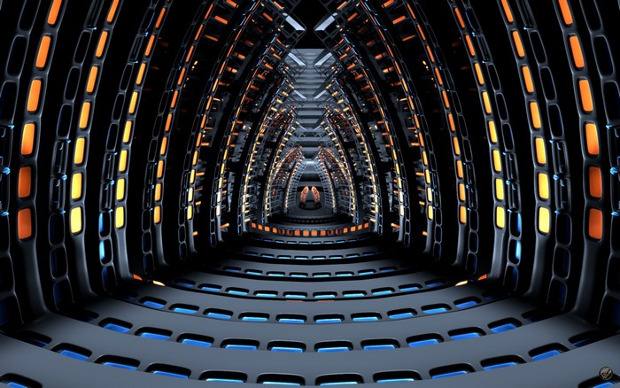 Futuristic sci-fi tunnel with orange and blue lights